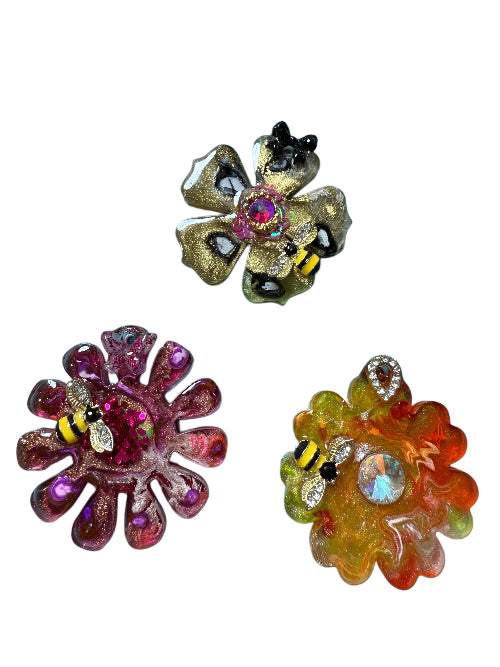 Colorful resin flower dog tag charm with embedded crystals handmade and custom jewellery