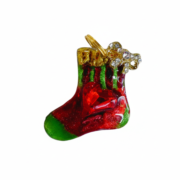 Red and green Christmas stocking jewel tag for dog collar, bling with gold accents and red rhinestone