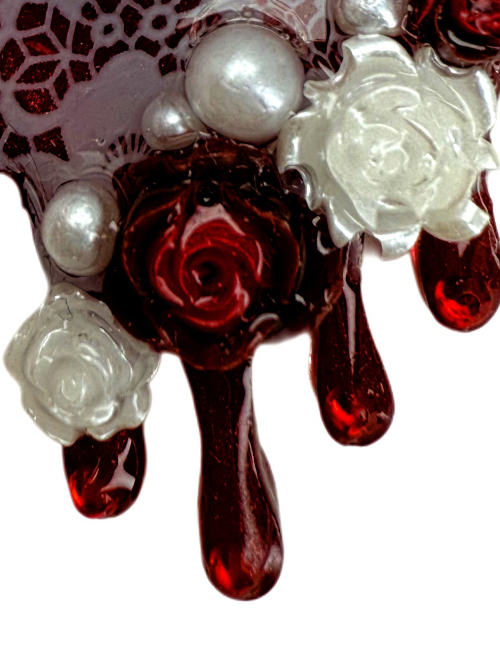 classy collar tag for dogs with resin pearls, roses and white lace, goth vampire style