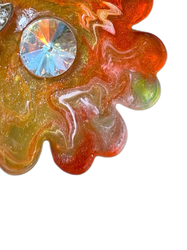 Colorful resin flower dog tag charm with embedded crystals handmade and custom jewellery