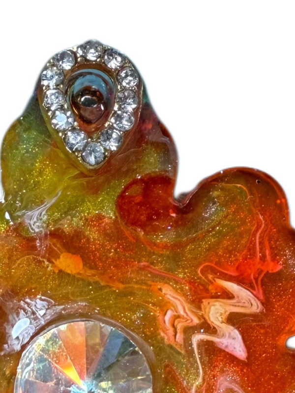 Colorful resin flower dog tag charm with embedded crystals handmade and custom jewellery