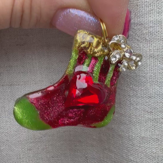 Stocking tag charm for dog collar, red green gold sparkle