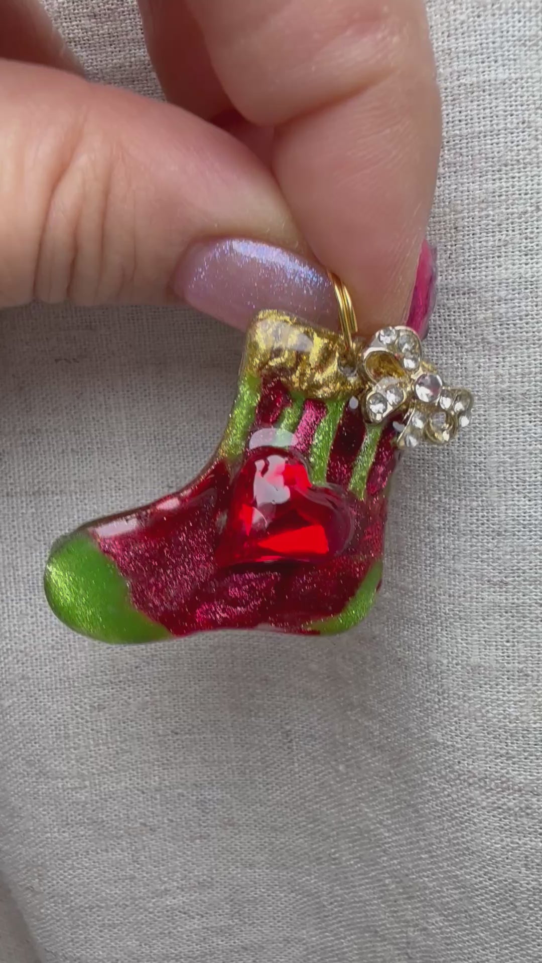 Stocking tag charm for dog collar, red green gold sparkle
